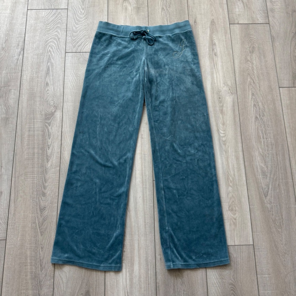 Juicy Couture Track Pants Women Large Teal Velour Drawstring Low Rise Y2K